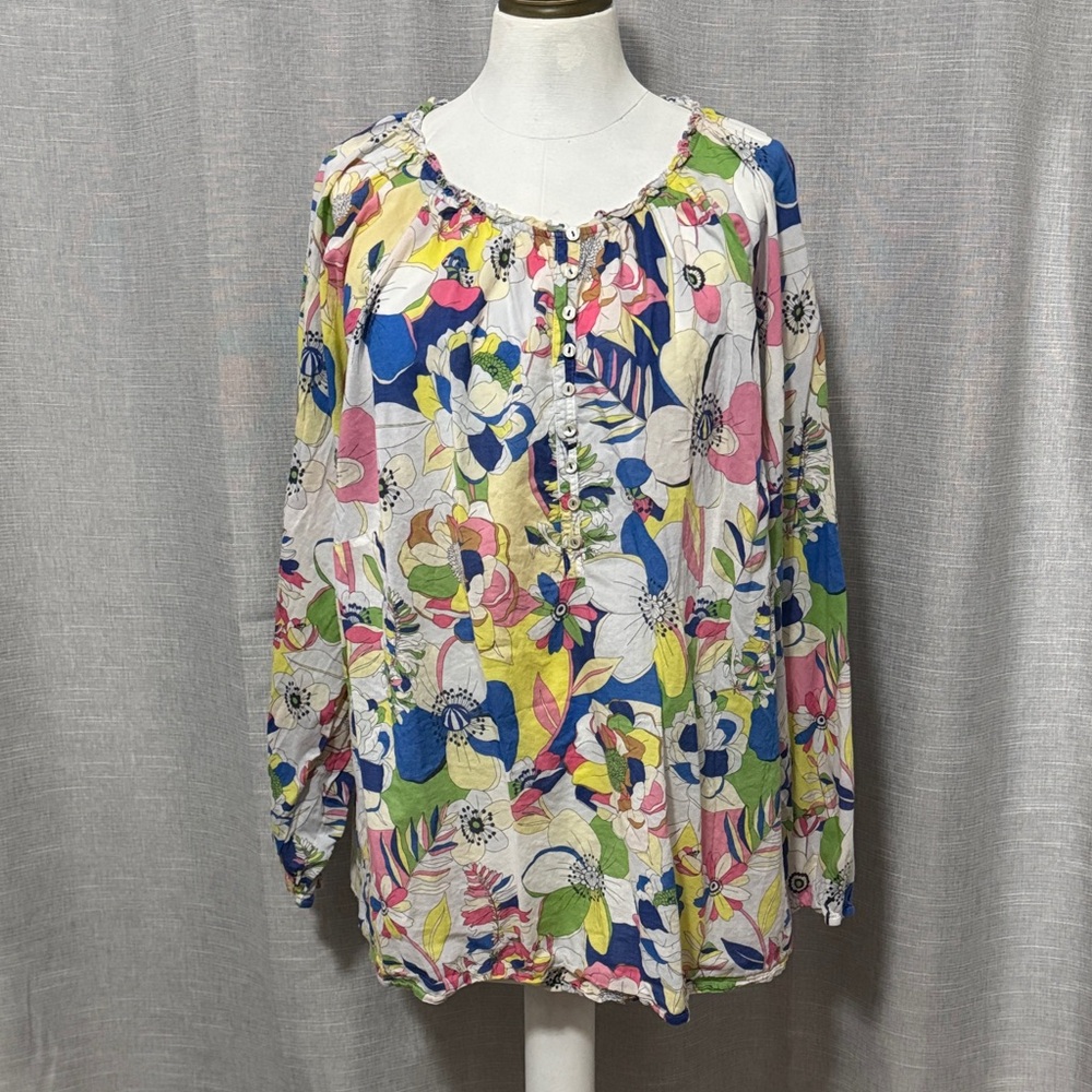 Talbots Plus Cotton Popover Top-Sz 3X-White  Ditsy Floral-Petite Button Detail